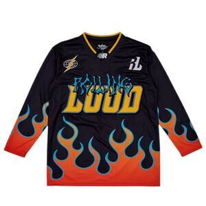 Rolling Loud RL Soccer Jersey Black Flames Embroidered Size Large RARE